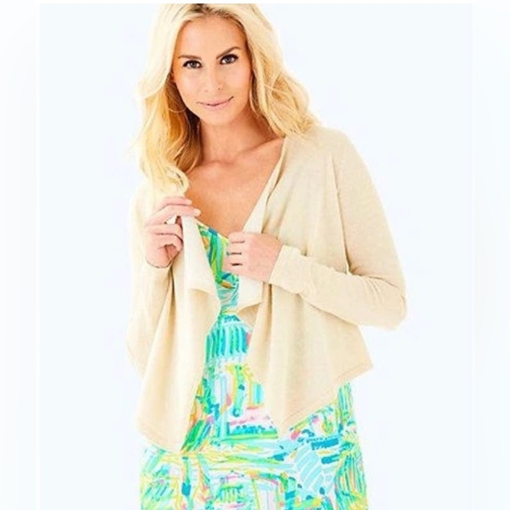 Lilly Pulitzer Colony Open Drape Front Cardigan Sweater Gold Metallic - Picture 1 of 4